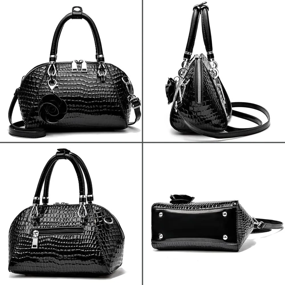 ® Women Handbag Snake Print Shoulder Bag Crocodile Leather Top Handle Handbag Rose Pendant Purse