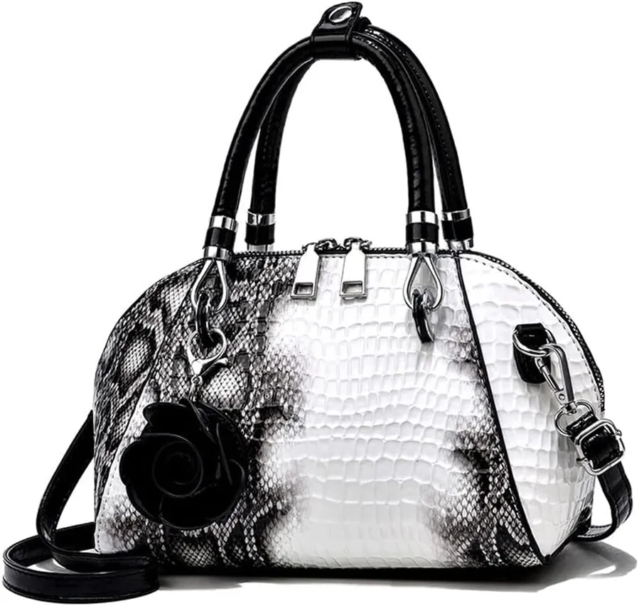 ® Women Handbag Snake Print Shoulder Bag Crocodile Leather Top Handle Handbag Rose Pendant Purse