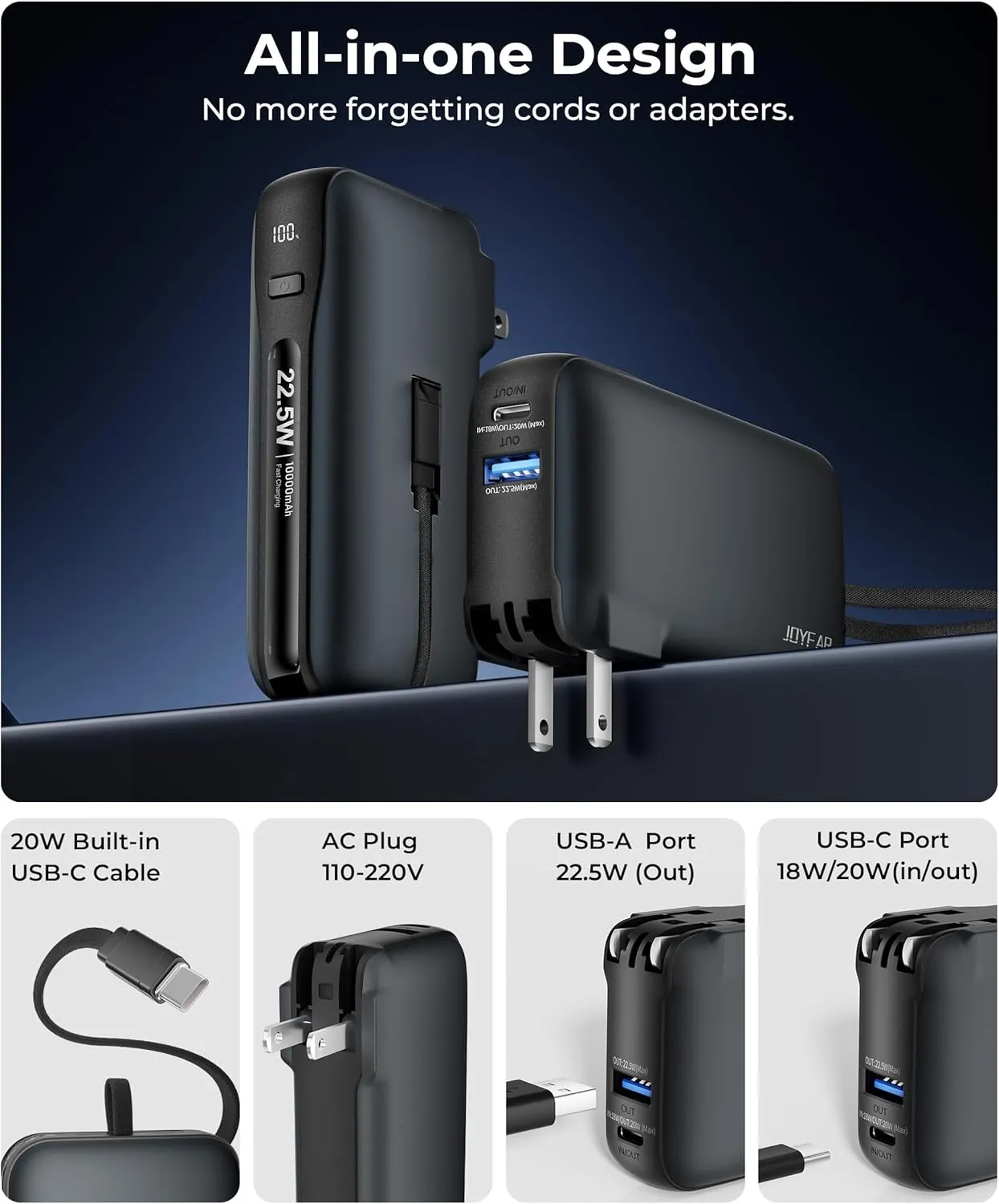 1 Pack Portable Charger with Built-in USB-C Cable & Plug, 10,000mAh 5V/4.5A Power Bank Fast Charging 22.5W, Travel Essential Battery Pack 3 Output for iPhone 16/15 Series, Samsung Galaxy, iPad