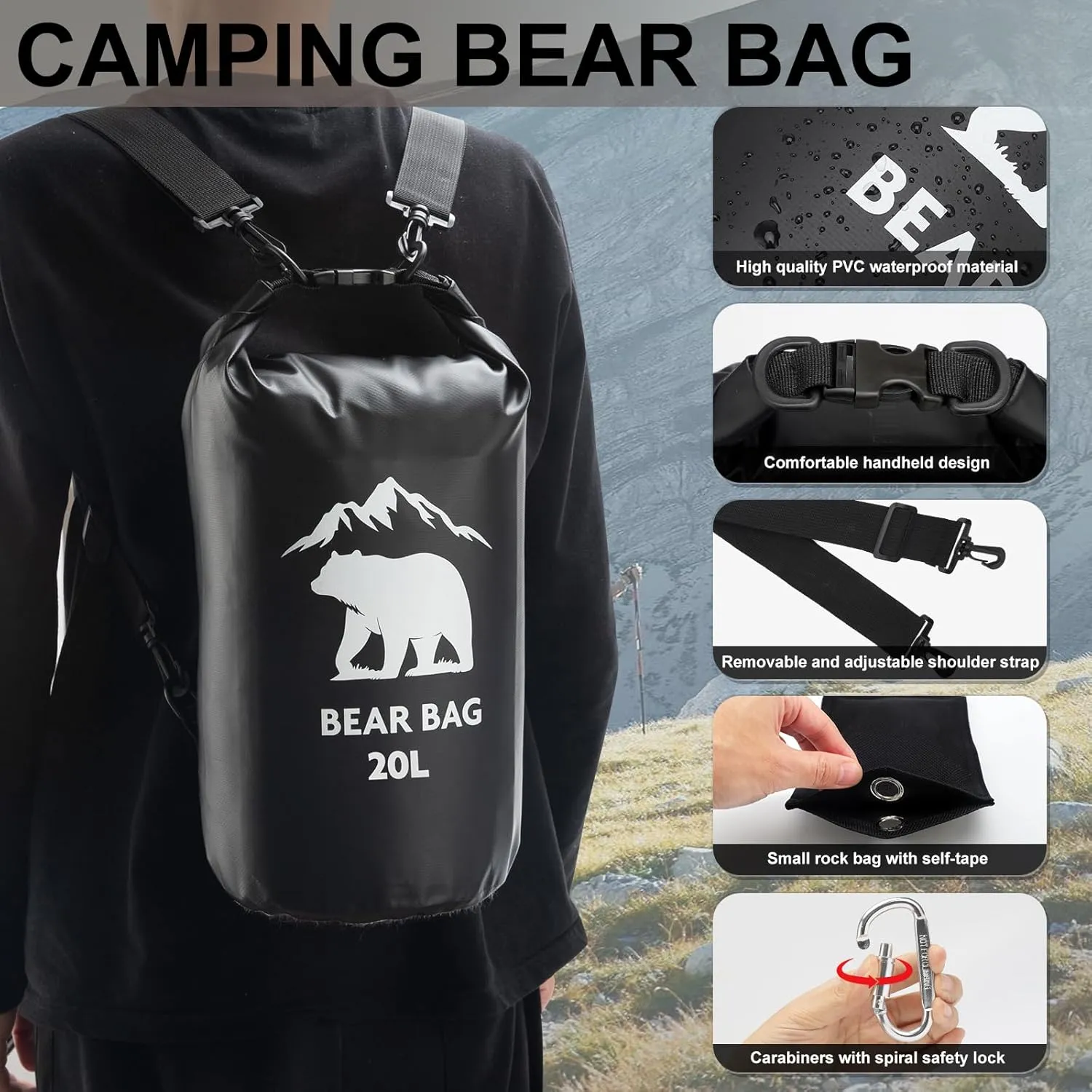 1 Set Bear Bags for Food Backpacking 20L Bear Food Bag Hanging System Bear Proof Food Storage Includes Waterproof Bear Bag, Rock Pouch, Hooks and Nylon Ropes for Camping Hiking (20L, Black)