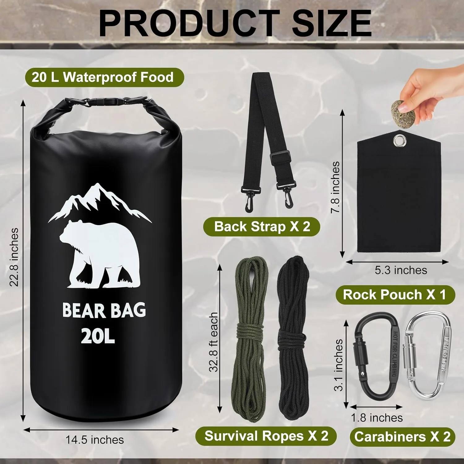 1 Set Bear Bags for Food Backpacking 20L Bear Food Bag Hanging System Bear Proof Food Storage Includes Waterproof Bear Bag, Rock Pouch, Hooks and Nylon Ropes for Camping Hiking (20L, Black)