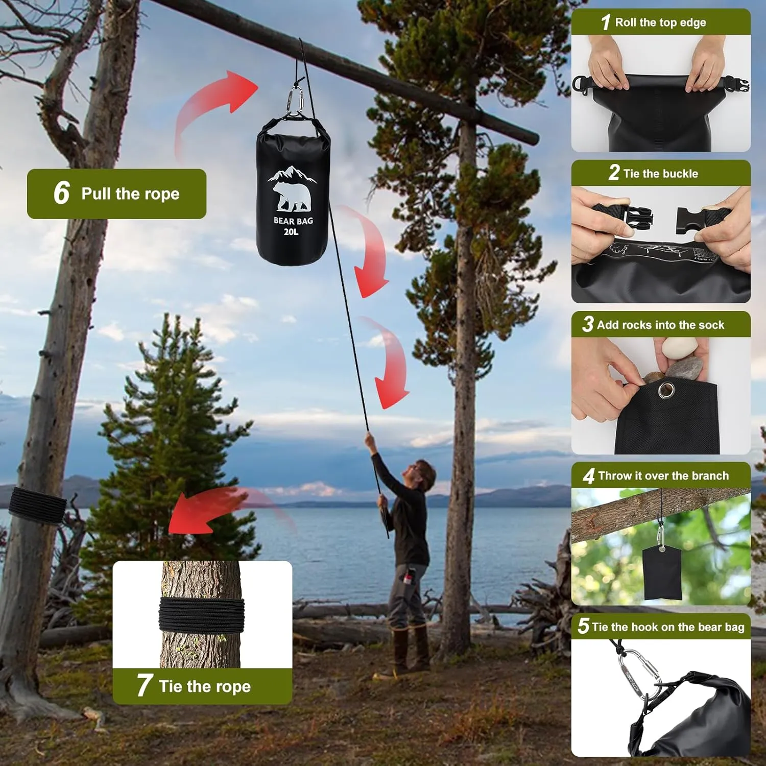 1 Set Bear Bags for Food Backpacking 20L Bear Food Bag Hanging System Bear Proof Food Storage Includes Waterproof Bear Bag, Rock Pouch, Hooks and Nylon Ropes for Camping Hiking (20L, Black)
