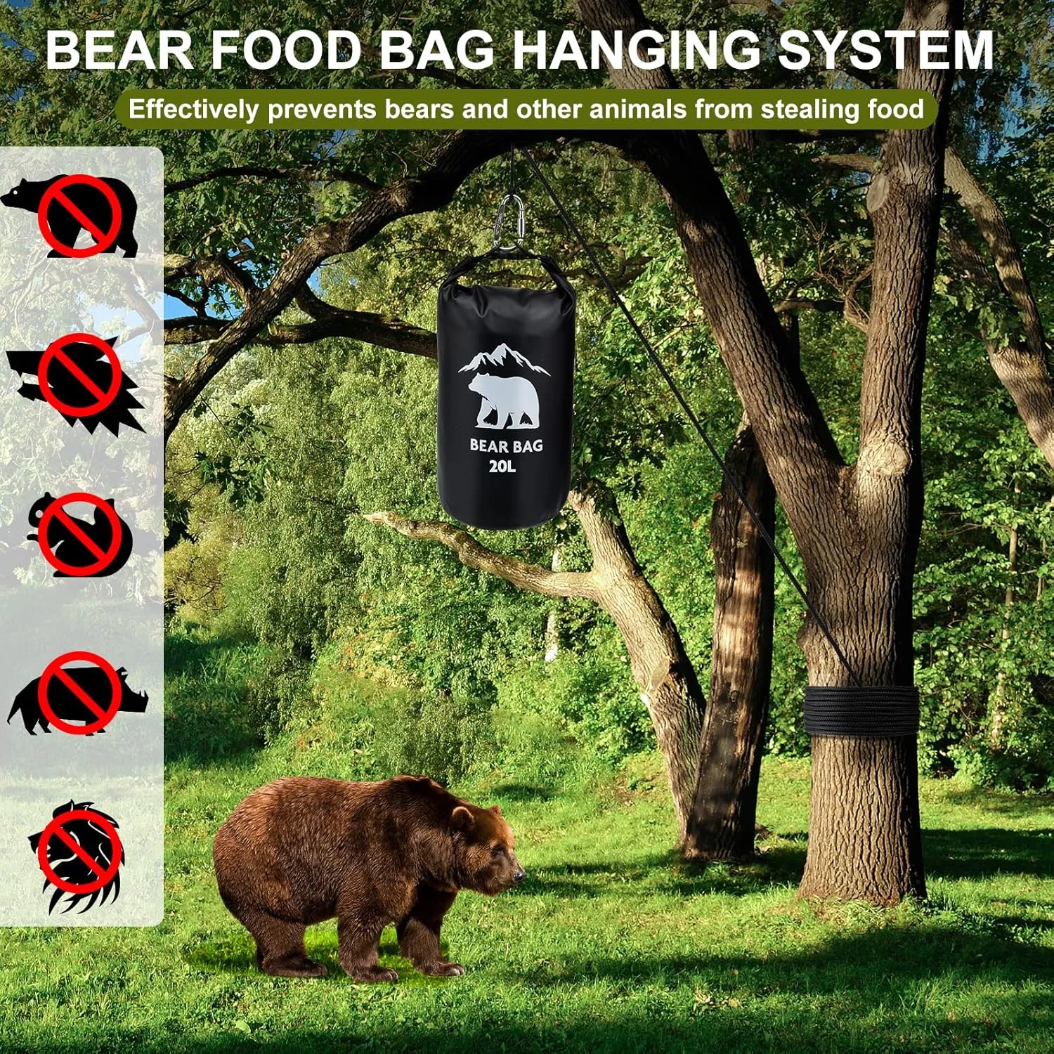 1 Set Bear Bags for Food Backpacking 20L Bear Food Bag Hanging System Bear Proof Food Storage Includes Waterproof Bear Bag, Rock Pouch, Hooks and Nylon Ropes for Camping Hiking (20L, Black)