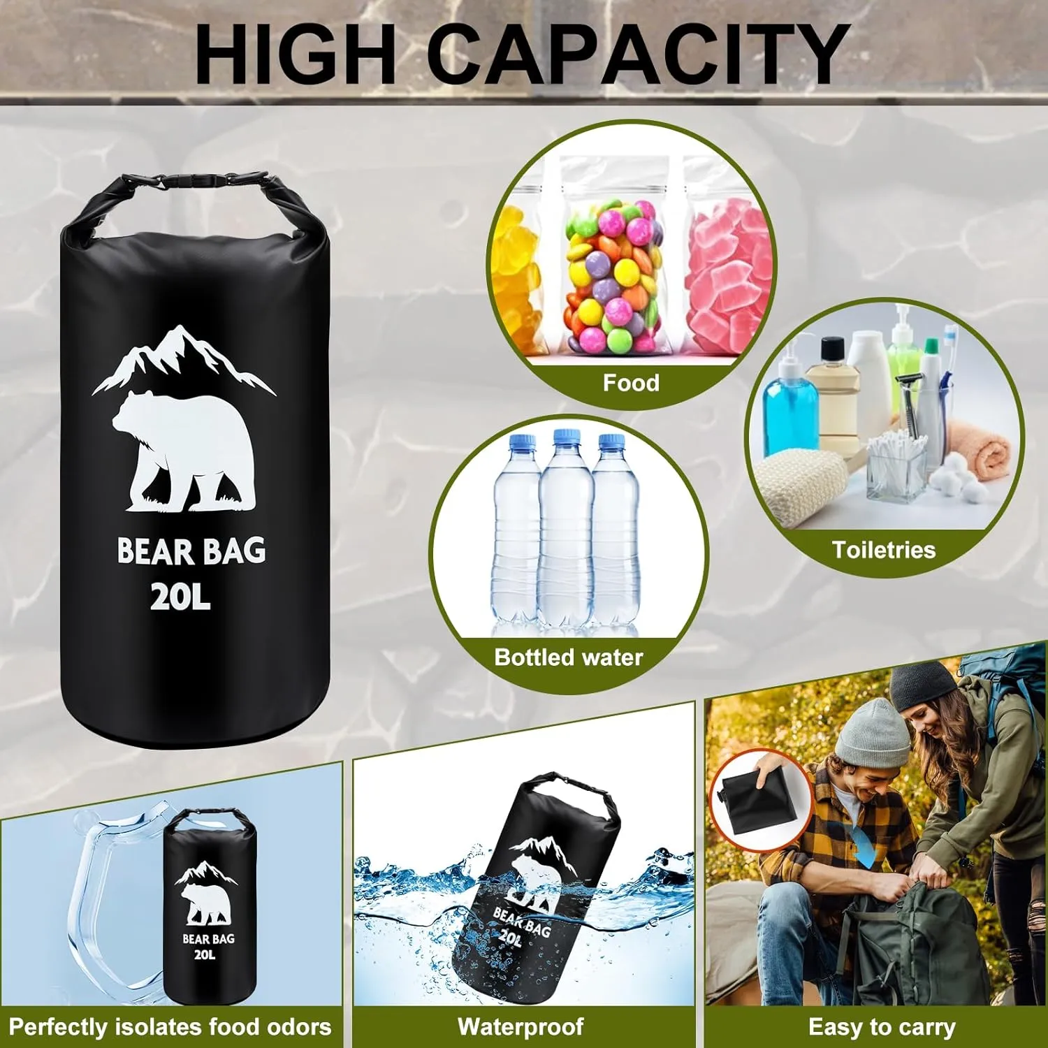 1 Set Bear Bags for Food Backpacking 20L Bear Food Bag Hanging System Bear Proof Food Storage Includes Waterproof Bear Bag, Rock Pouch, Hooks and Nylon Ropes for Camping Hiking (20L, Black)