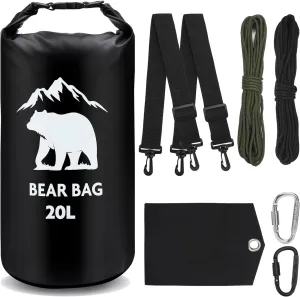 1 Set Bear Bags for Food Backpacking 20L Bear Food Bag Hanging System Bear Proof Food Storage Includes Waterproof Bear Bag, Rock Pouch, Hooks and Nylon Ropes for Camping Hiking (20L, Black)