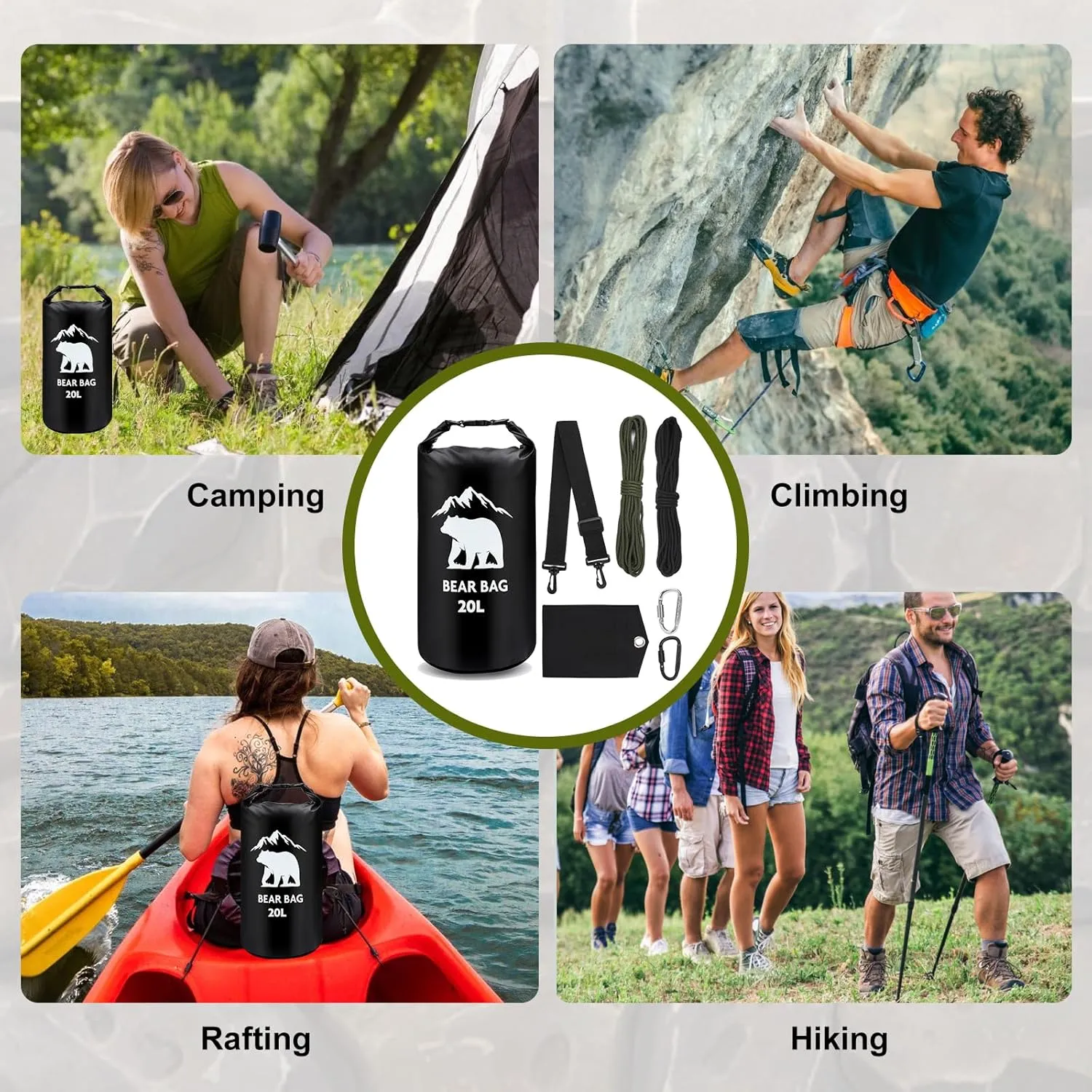 1 Set Bear Bags for Food Backpacking 20L Bear Food Bag Hanging System Bear Proof Food Storage Includes Waterproof Bear Bag, Rock Pouch, Hooks and Nylon Ropes for Camping Hiking (20L, Black)