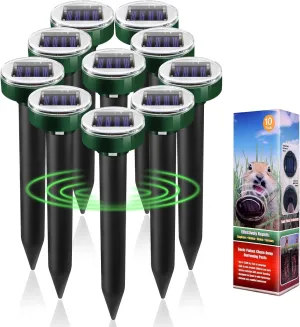 10-Pack Solar Powered Ultrasonic Mole Repellent for Lawns, Gardens, Yards - Waterproof & Effective Against Snakes, Moles, Gophers, Voles - Sonic Spikes Stakes Chaser