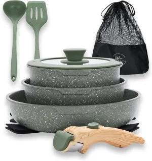 10 Pcs Pots and Pans Set Non Stick, Nonstick Kitchen Cookware Sets Detachable Handle, Induction Pots and Pans Set with Removable Handle, RV Cookware for Camping, Oven Safe, PFOS, PFOA Free, Green