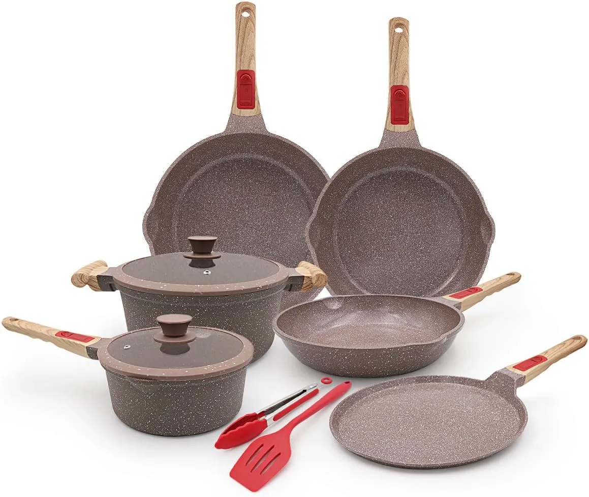 10-Piece Ceramic Pots and Pans Set Nonstick, Non Stick ceramic Coating Aluminum Kitchen Cookware Set with Removable Handle, Stackable Frying Pans Set with Lid PTFE & PFOA Free- Brown