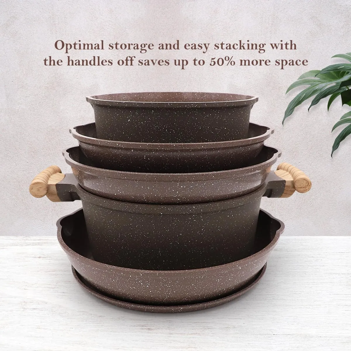 10-Piece Ceramic Pots and Pans Set Nonstick, Non Stick ceramic Coating Aluminum Kitchen Cookware Set with Removable Handle, Stackable Frying Pans Set with Lid PTFE & PFOA Free- Brown