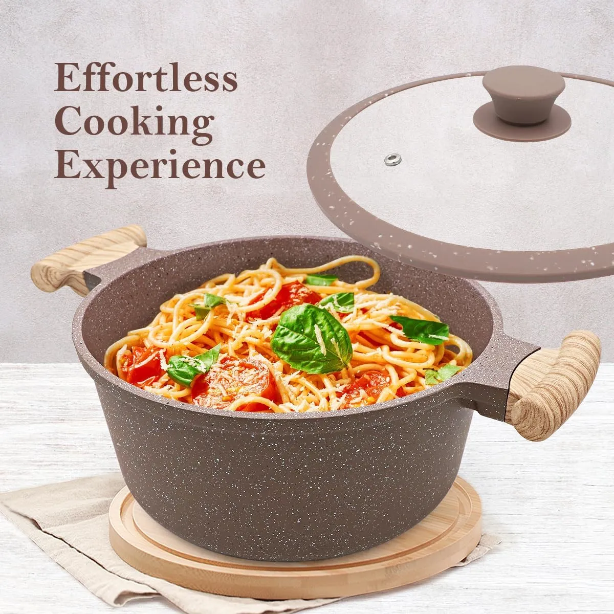 10-Piece Ceramic Pots and Pans Set Nonstick, Non Stick ceramic Coating Aluminum Kitchen Cookware Set with Removable Handle, Stackable Frying Pans Set with Lid PTFE & PFOA Free- Brown