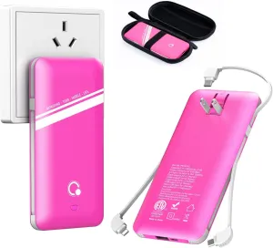 10000mAh Power Bank, Q Slim Portable Charger,4 Output External Battery Pack with Built-in AC Wall Plug Micro USB C Three Cables Compatible with All Kinds of mobilephone (Pink)