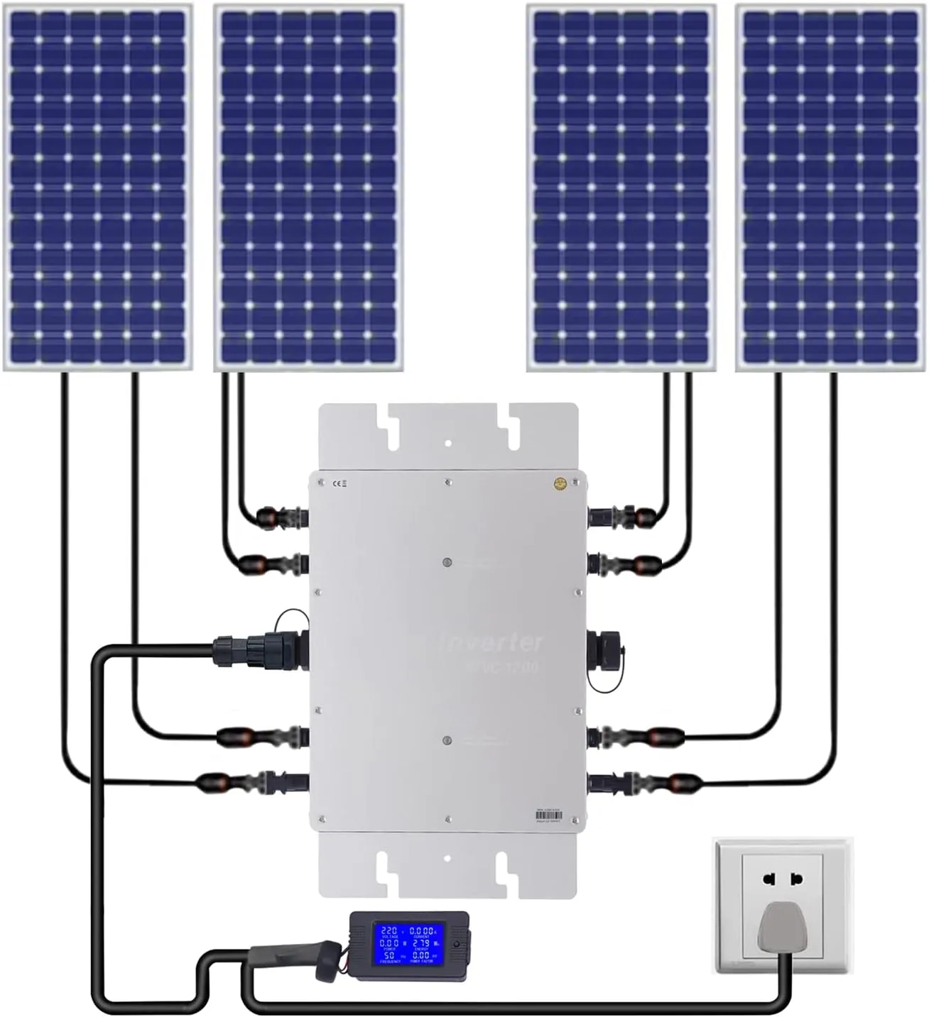 1200W Solar Inverter, Waterproof IP65 Grid Tie Inverter, Wave Inverter with AC Data Monitoring Display LCD Screen, for 30V 36V Solar Panel