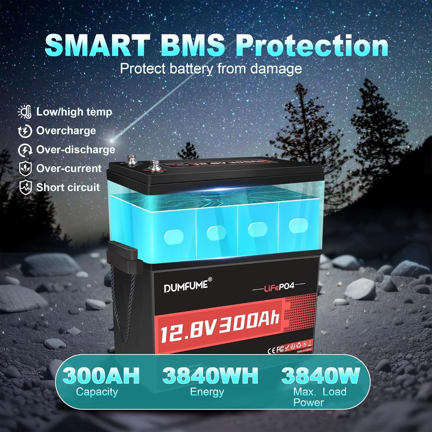 12V 300Ah 2 Packs Lithium LiFePO4 Battery,200A BMS 3840W Rechargeable Lithium Iron Phosphate Battery 15000  Deep Cycles for Solar System,Backup Power,RV,Marine and Off-Grid