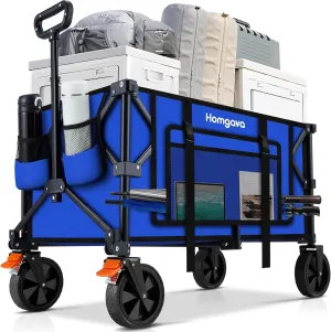 140L Collapsible Folding Wagon Cart with 350LBS Resting Weight Capacity, Heavy Duty Garden Cart with All-Terrain&Brake Wheel, Utility Wagon with Side Pocket for Camping,Shopping,Sports,Blue