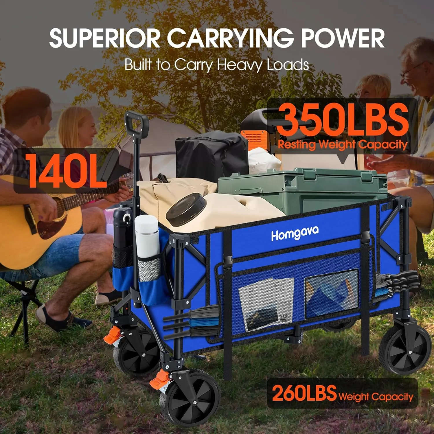 140L Collapsible Folding Wagon Cart with 350LBS Resting Weight Capacity, Heavy Duty Garden Cart with All-Terrain&Brake Wheel, Utility Wagon with Side Pocket for Camping,Shopping,Sports,Blue