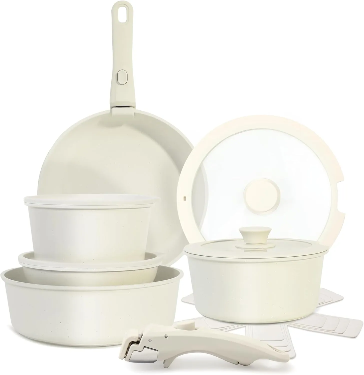 15PCS Pots and Pans Set Non Stick, Kitchen Cookware Sets with Detachable Handle, Ceramic Cookware Sets, Non Stick RV Cookware Cooking Set, Dishwasher ＆ Oven Safe, PFOA Free, Cream White
