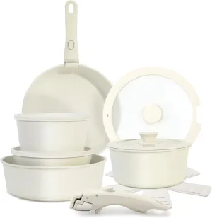 15PCS Pots and Pans Set Non Stick, Kitchen Cookware Sets with Detachable Handle, Ceramic Cookware Sets, Non Stick RV Cookware Cooking Set, Dishwasher ＆ Oven Safe, PFOA Free, Cream White