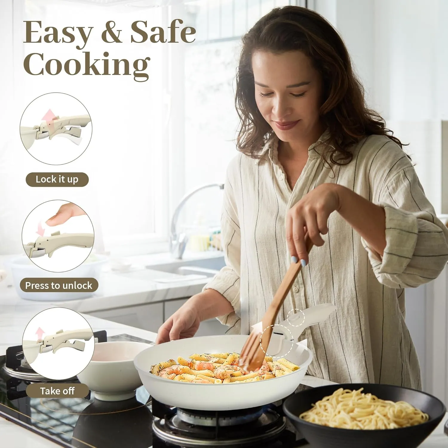 15PCS Pots and Pans Set Non Stick, Kitchen Cookware Sets with Detachable Handle, Ceramic Cookware Sets, Non Stick RV Cookware Cooking Set, Dishwasher ＆ Oven Safe, PFOA Free, Cream White