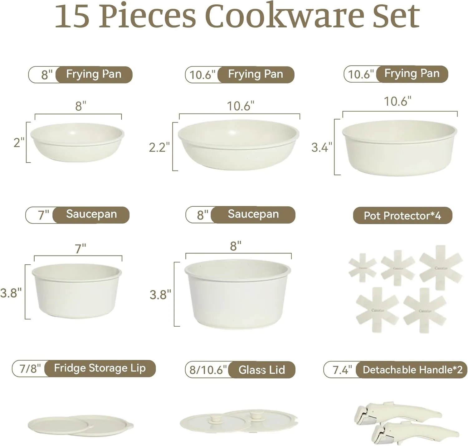 15PCS Pots and Pans Set Non Stick, Kitchen Cookware Sets with Detachable Handle, Ceramic Cookware Sets, Non Stick RV Cookware Cooking Set, Dishwasher ＆ Oven Safe, PFOA Free, Cream White