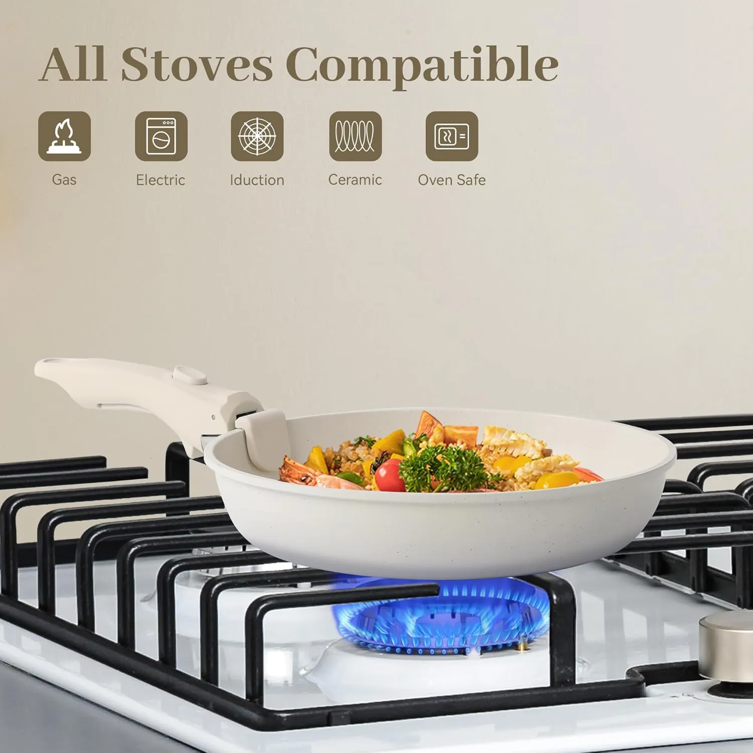 15PCS Pots and Pans Set Non Stick, Kitchen Cookware Sets with Detachable Handle, Ceramic Cookware Sets, Non Stick RV Cookware Cooking Set, Dishwasher ＆ Oven Safe, PFOA Free, Cream White