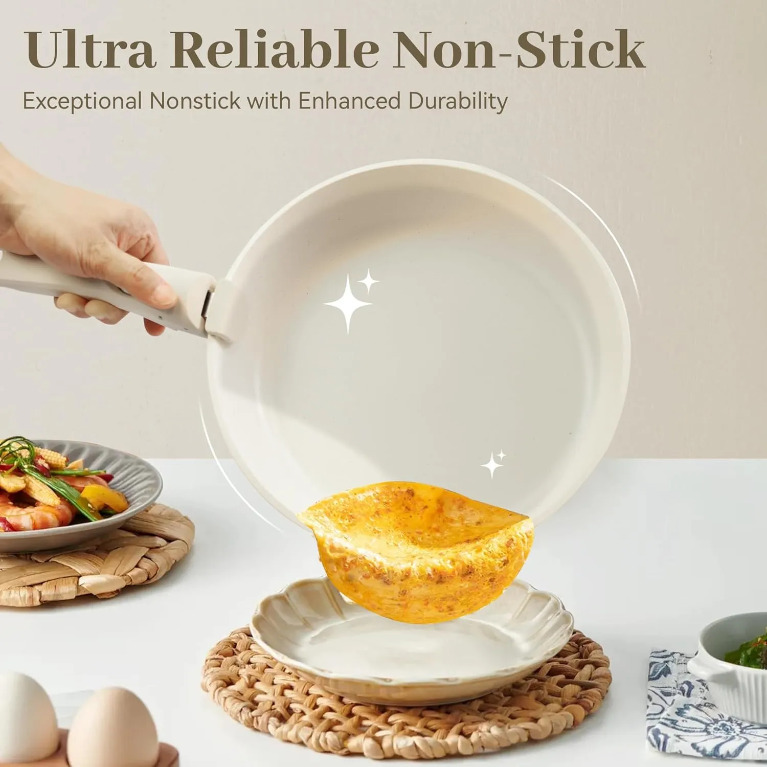 15PCS Pots and Pans Set Non Stick, Kitchen Cookware Sets with Detachable Handle, Ceramic Cookware Sets, Non Stick RV Cookware Cooking Set, Dishwasher ＆ Oven Safe, PFOA Free, Cream White