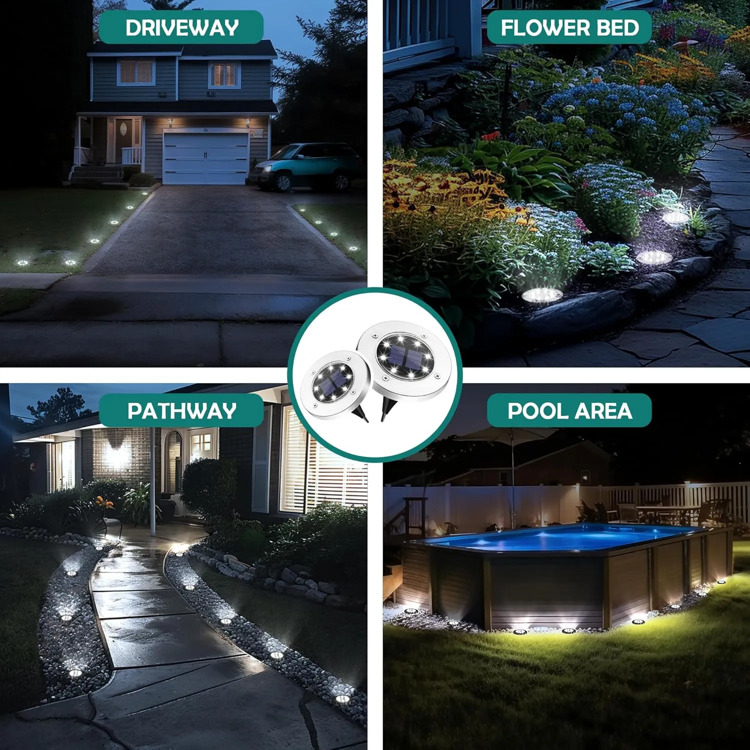 16 Pack Solar Lights Outdoor, 8 LED Solar Powered Ground Lights Waterproof Garden Landscape Lighting for Yard Deck Patio Driveway Pathway Walkway (Cool White)