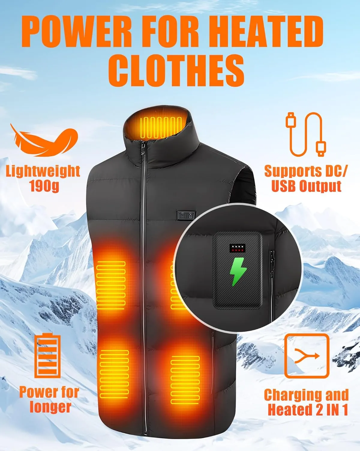 16000mAh Battery Pack for Heated Vest Jacket Coat Pants and Heating Underwear, 5V2A Heated Clothing Replacement Battery Pack