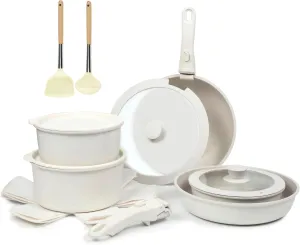 17-Piece Ceramic Nonstick Cookware Set - Healthy, Non-Toxic, Induction Compatible, Removable Handles, Dishwasher/Oven Safe, PFAS/PFOA Free, Cream White