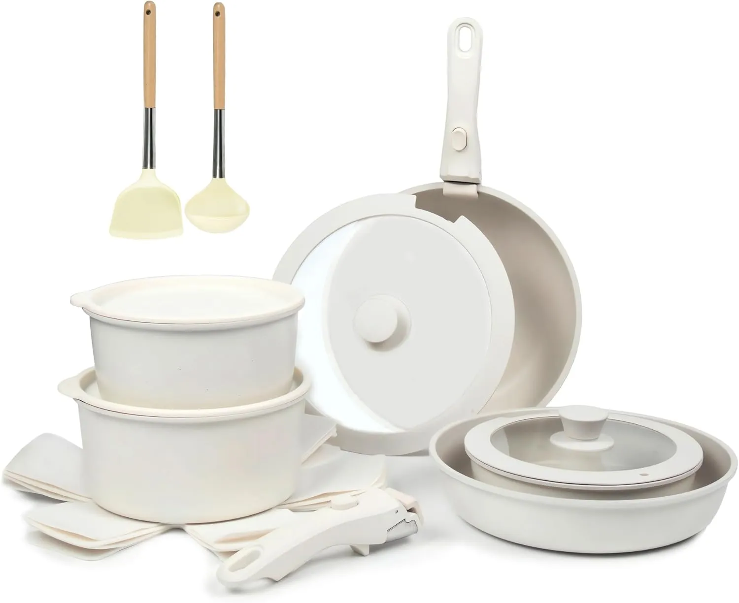 17-Piece Ceramic Nonstick Cookware Set - Healthy, Non-Toxic, Induction Compatible, Removable Handles, Dishwasher/Oven Safe, PFAS/PFOA Free, Cream White