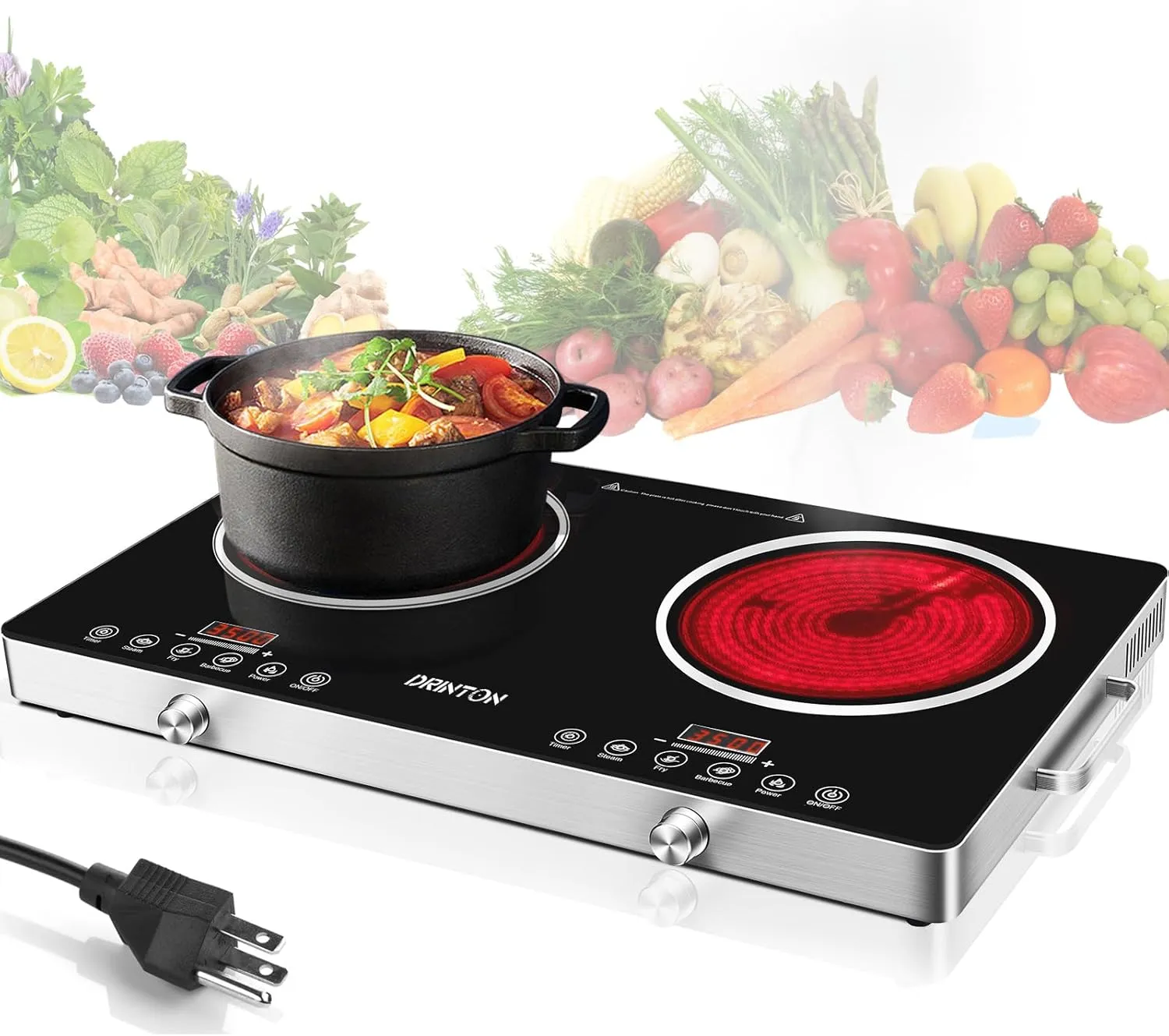 2 Burner Electric Cooktop, 3500W 110V Electric Double Burner with 4H Timer, Adjustable Temperature for Countertop Cooking, Portable Stove Top Infrared Cooker, Compatible for All Cookwares