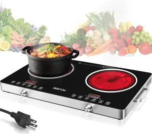 2 Burner Electric Cooktop, 3500W 110V Electric Double Burner with 4H Timer, Adjustable Temperature for Countertop Cooking, Portable Stove Top Infrared Cooker, Compatible for All Cookwares