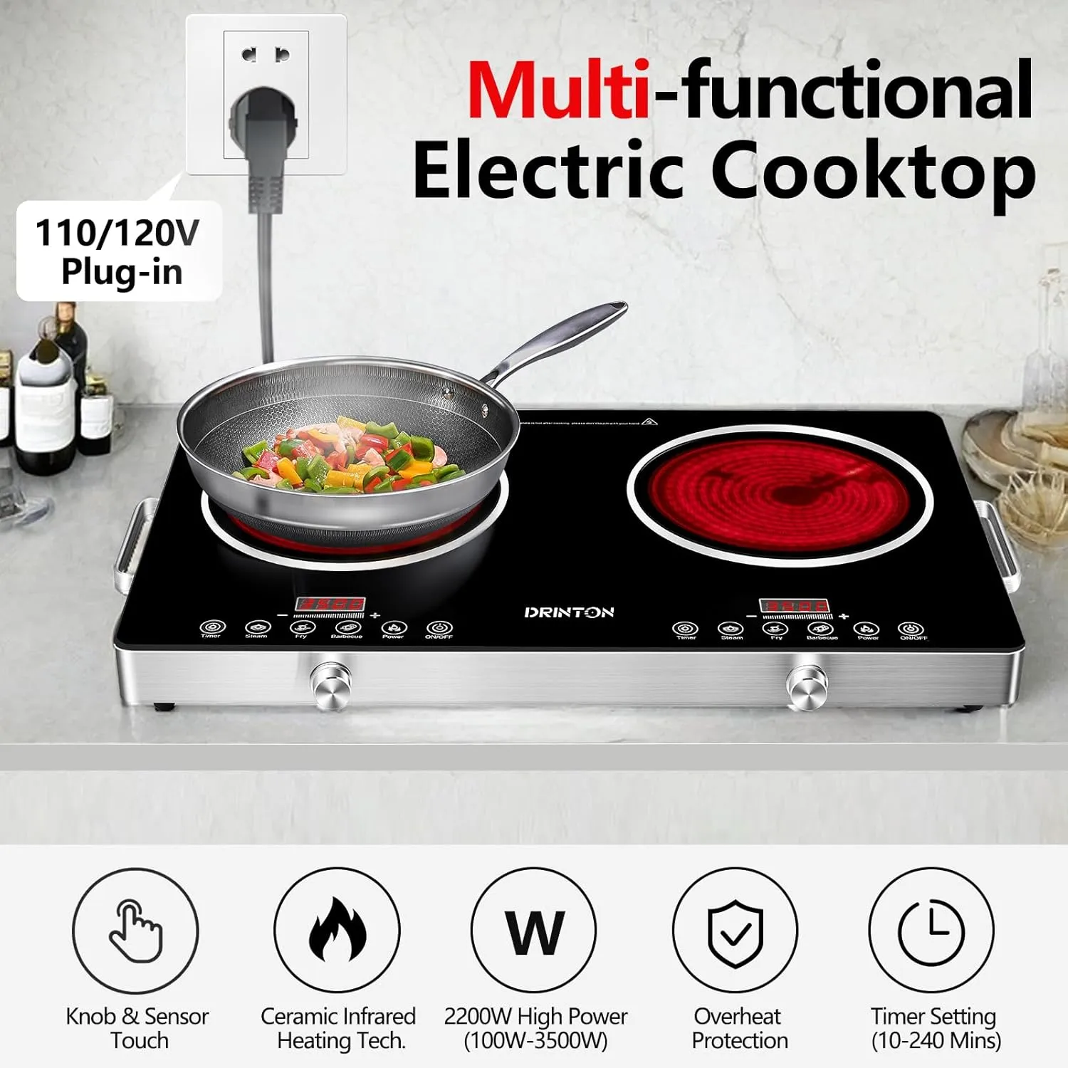 2 Burner Electric Cooktop, 3500W 110V Electric Double Burner with 4H Timer, Adjustable Temperature for Countertop Cooking, Portable Stove Top Infrared Cooker, Compatible for All Cookwares