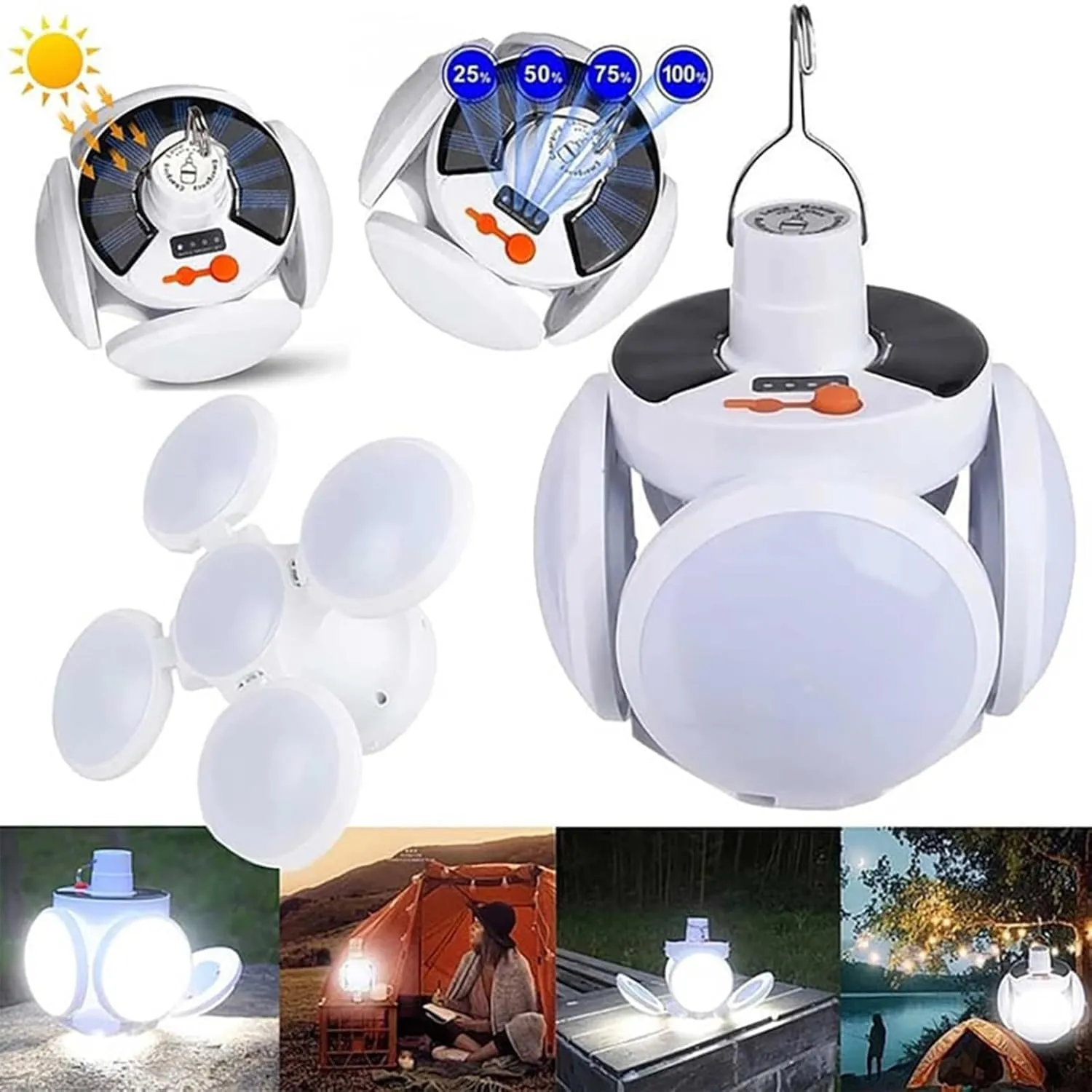 2 in 1 Folding Solar Lamp, SolarTent Lights USB Rechargeable LED Camping Lights, Solar Rechargeable Hooked Camping Light, for Outdoor Fishing Hiking Emergency Power Outages, (2pcs)