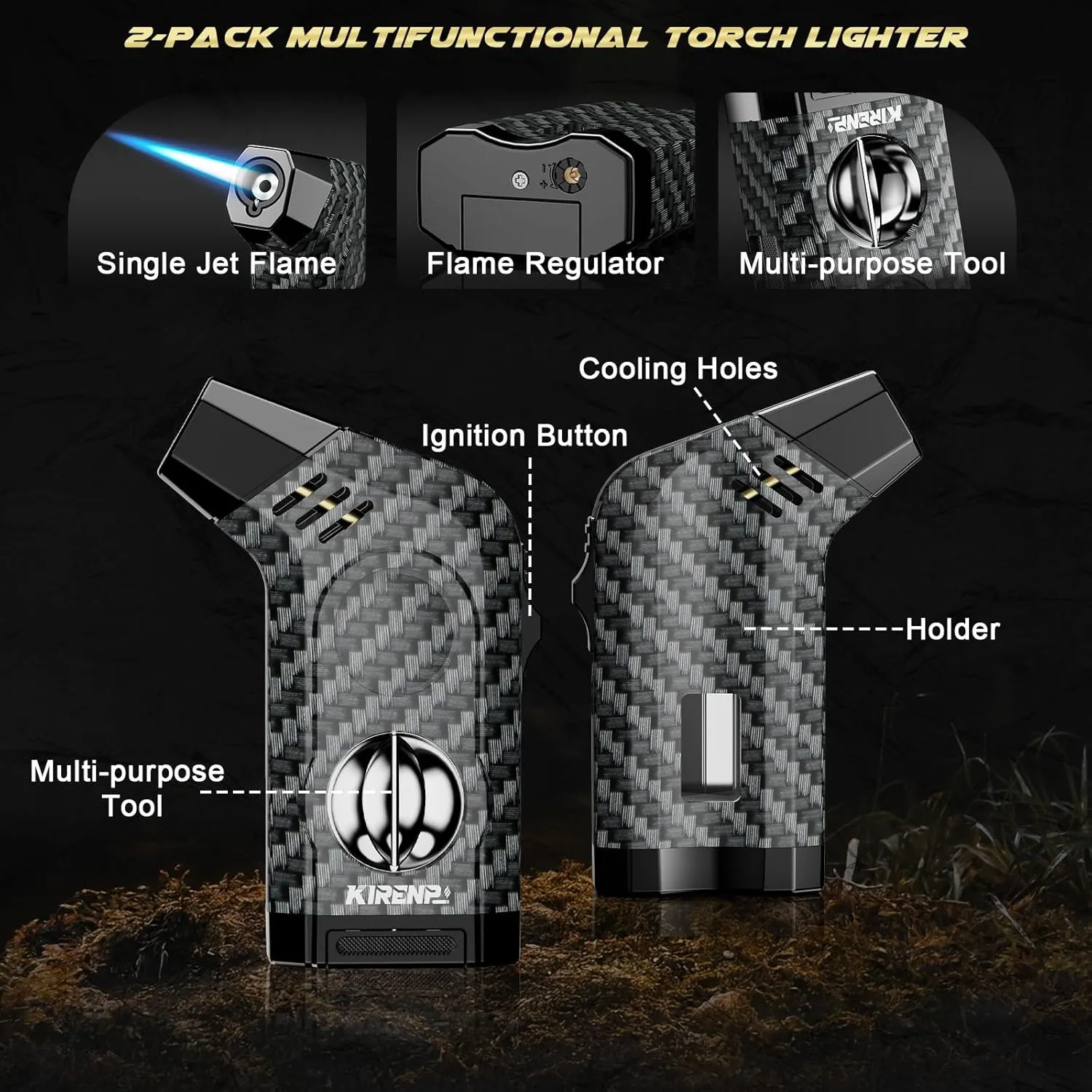 2-Pack All-in-one Torch Lighter with Cutter, Holder, Powerful Jet Flame, Gifts for Men, Windproof Lighters, Refillable Butane Lighter for Candles, Travel