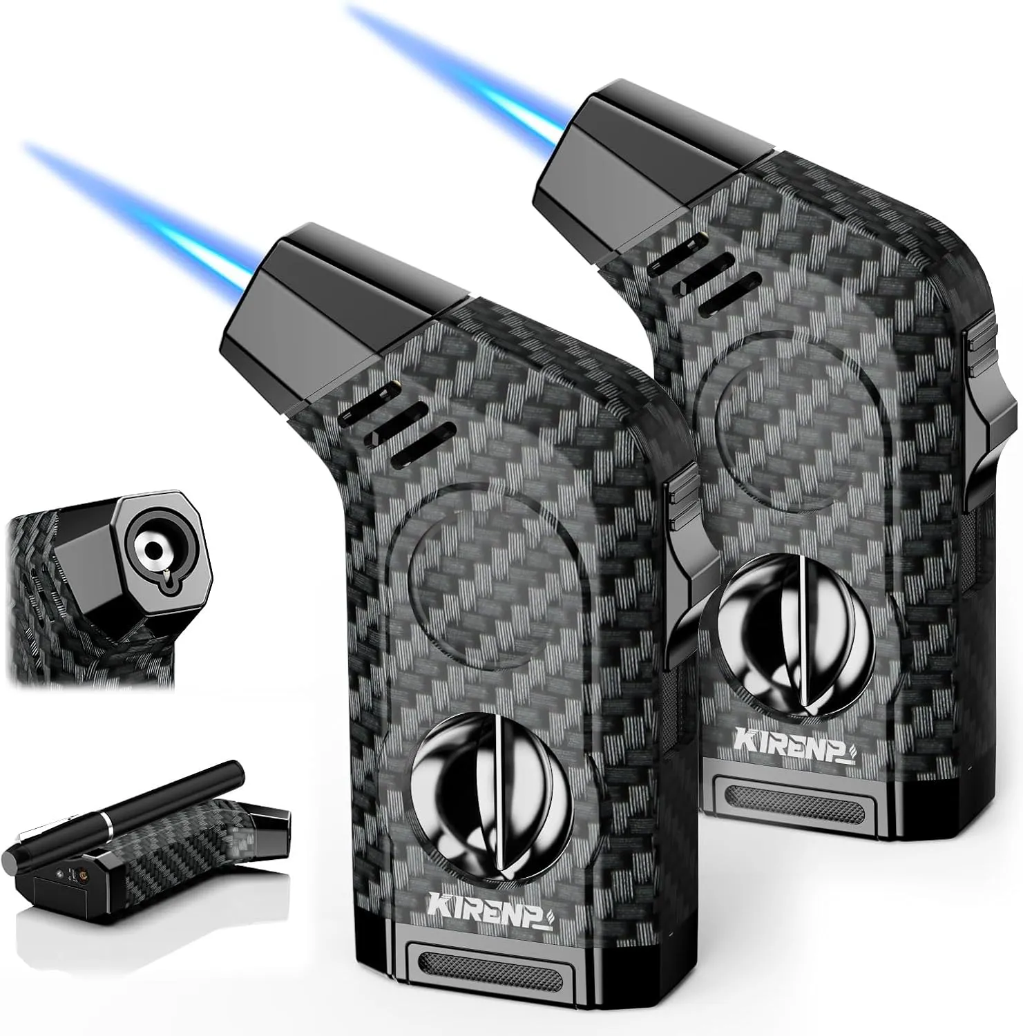 2-Pack All-in-one Torch Lighter with Cutter, Holder, Powerful Jet Flame, Gifts for Men, Windproof Lighters, Refillable Butane Lighter for Candles, Travel