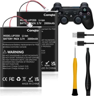 (2 Pack) Battery for PS3 Controller, (2000mAh) 2025 Upgraded High Capacity Batteries for Sony PlayStation 3 Dualshock 3 CECHZC2E CECHZC2U Controller with USB Cable and Repair Tool Kit
