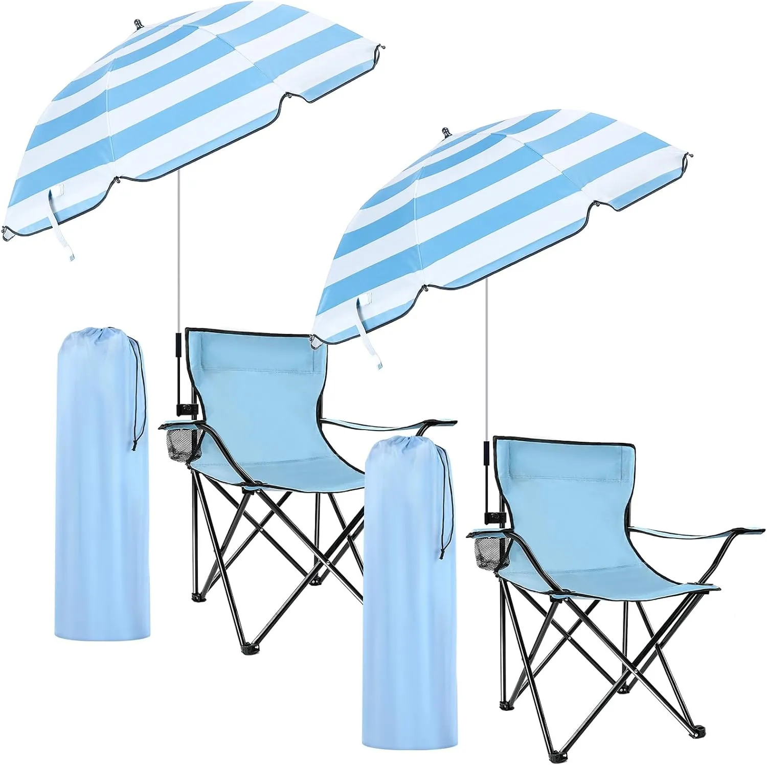 2 Pack Beach Chair with Umbrella for Adults Universal Clamp Folding Lightweight Adjustable Backpack Sling Beach Camping Chair with Cup Holder for Sand Camping Travel Outdoor Pool(Light Blue)