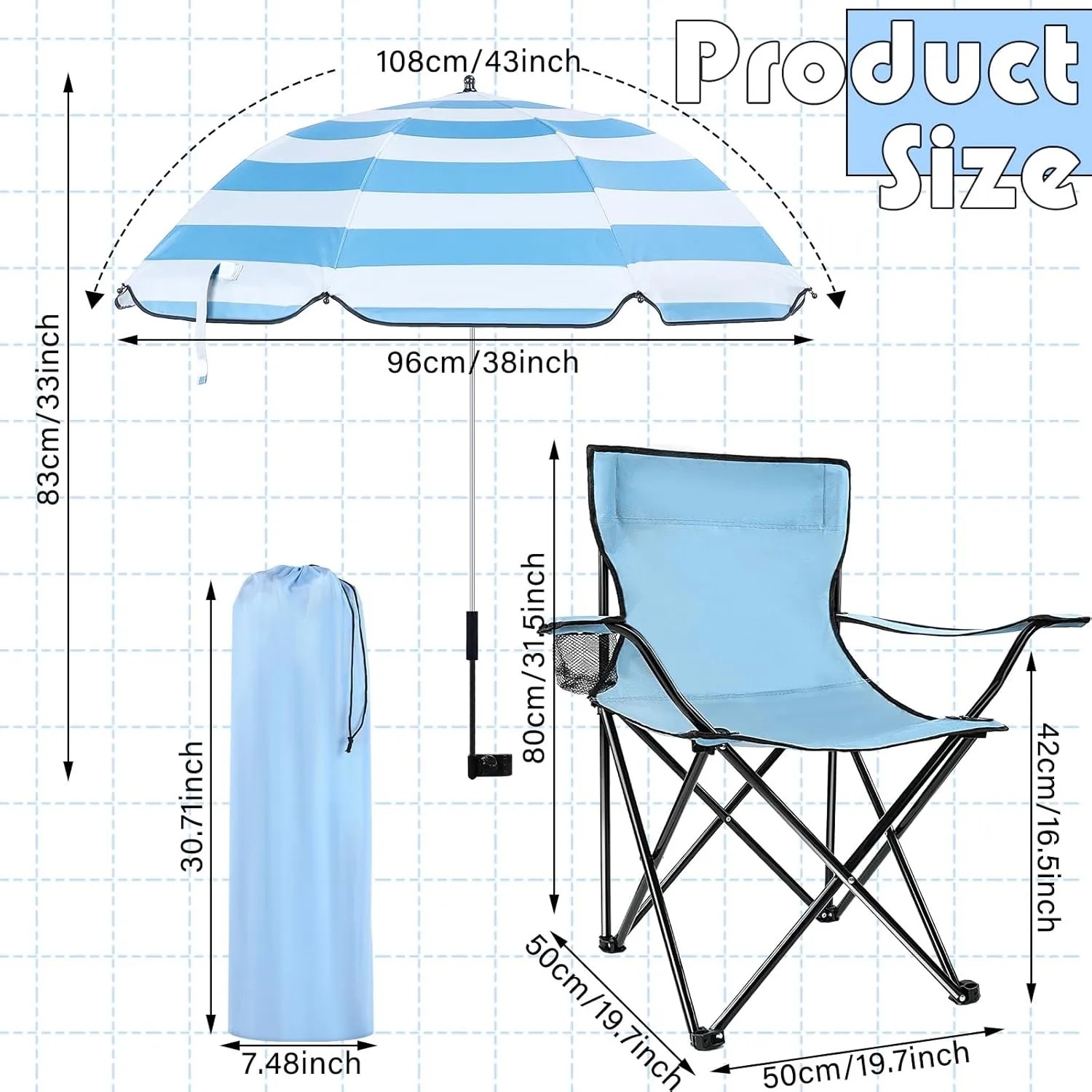 2 Pack Beach Chair with Umbrella for Adults Universal Clamp Folding Lightweight Adjustable Backpack Sling Beach Camping Chair with Cup Holder for Sand Camping Travel Outdoor Pool(Light Blue)