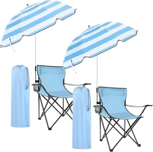 2 Pack Beach Chair with Umbrella for Adults Universal Clamp Folding Lightweight Adjustable Backpack Sling Beach Camping Chair with Cup Holder for Sand Camping Travel Outdoor Pool(Light Blue)