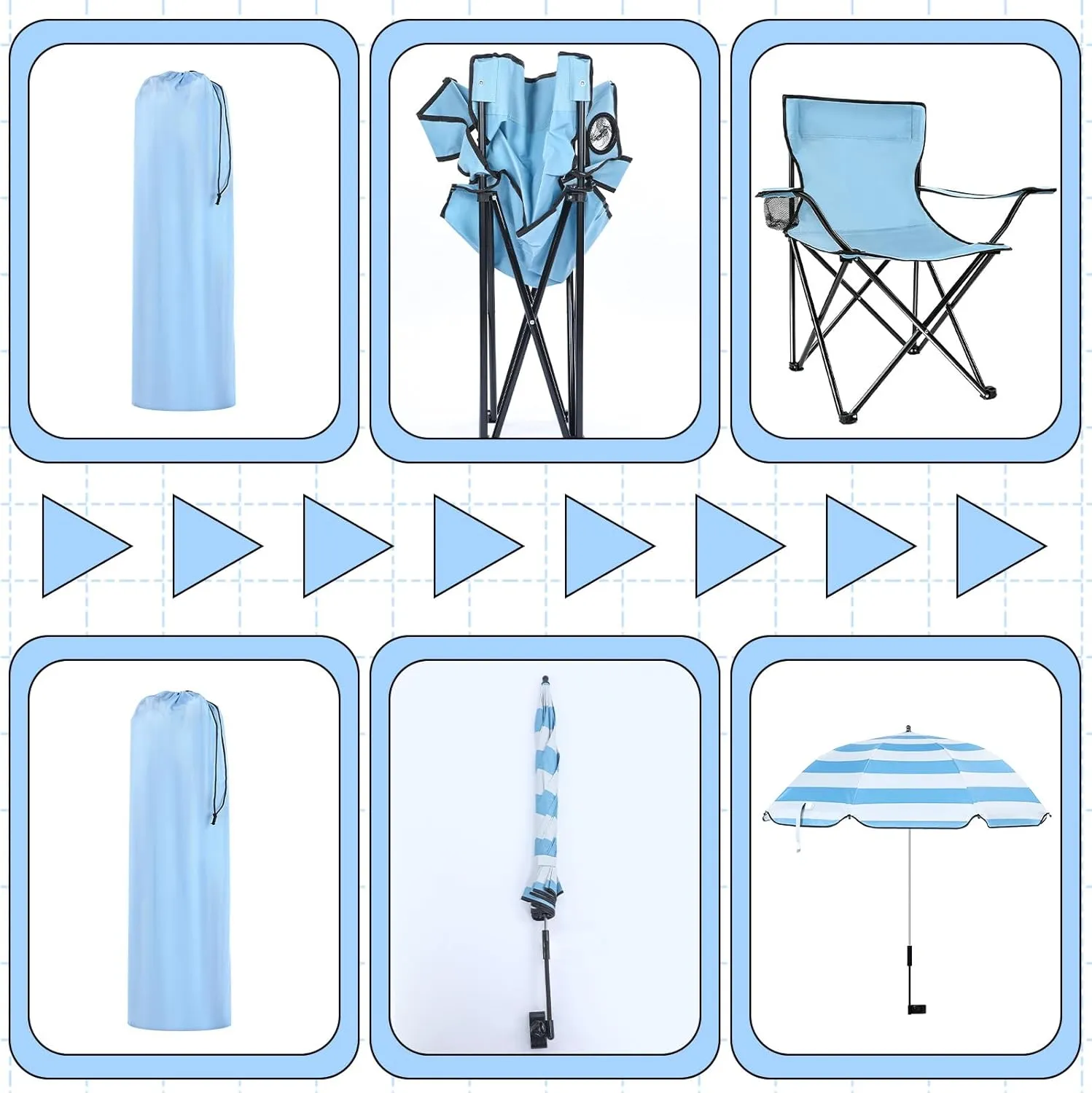 2 Pack Beach Chair with Umbrella for Adults Universal Clamp Folding Lightweight Adjustable Backpack Sling Beach Camping Chair with Cup Holder for Sand Camping Travel Outdoor Pool(Light Blue)
