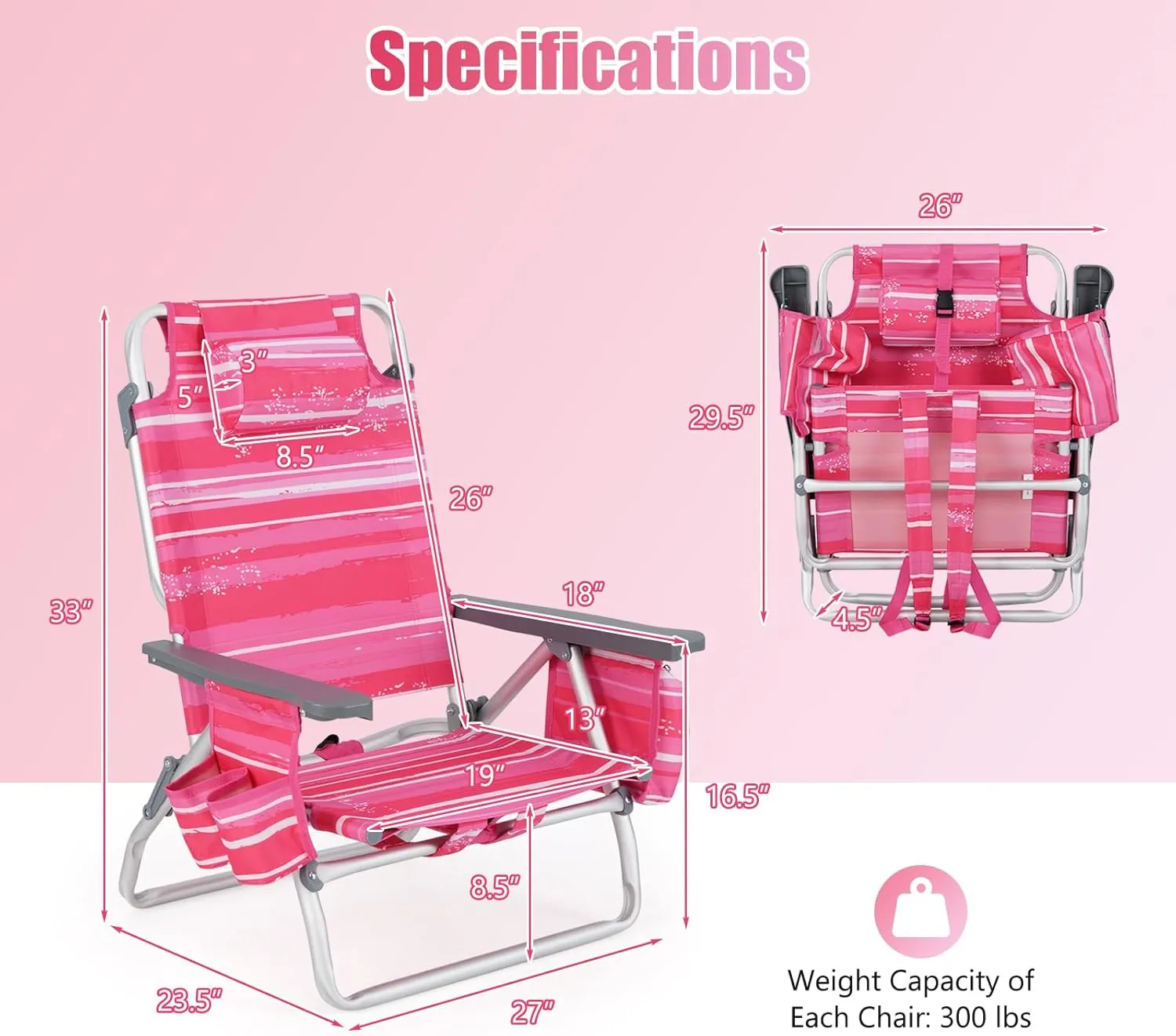 2-Pack Folding Beach Chairs, Outdoor Patio Lawn Lounger with 5 Adjustable Position, Cooler Pouch, Headrest & Accessories, Portable Camping Chairs for Outdoor Relaxation (1, Pink Stripe)