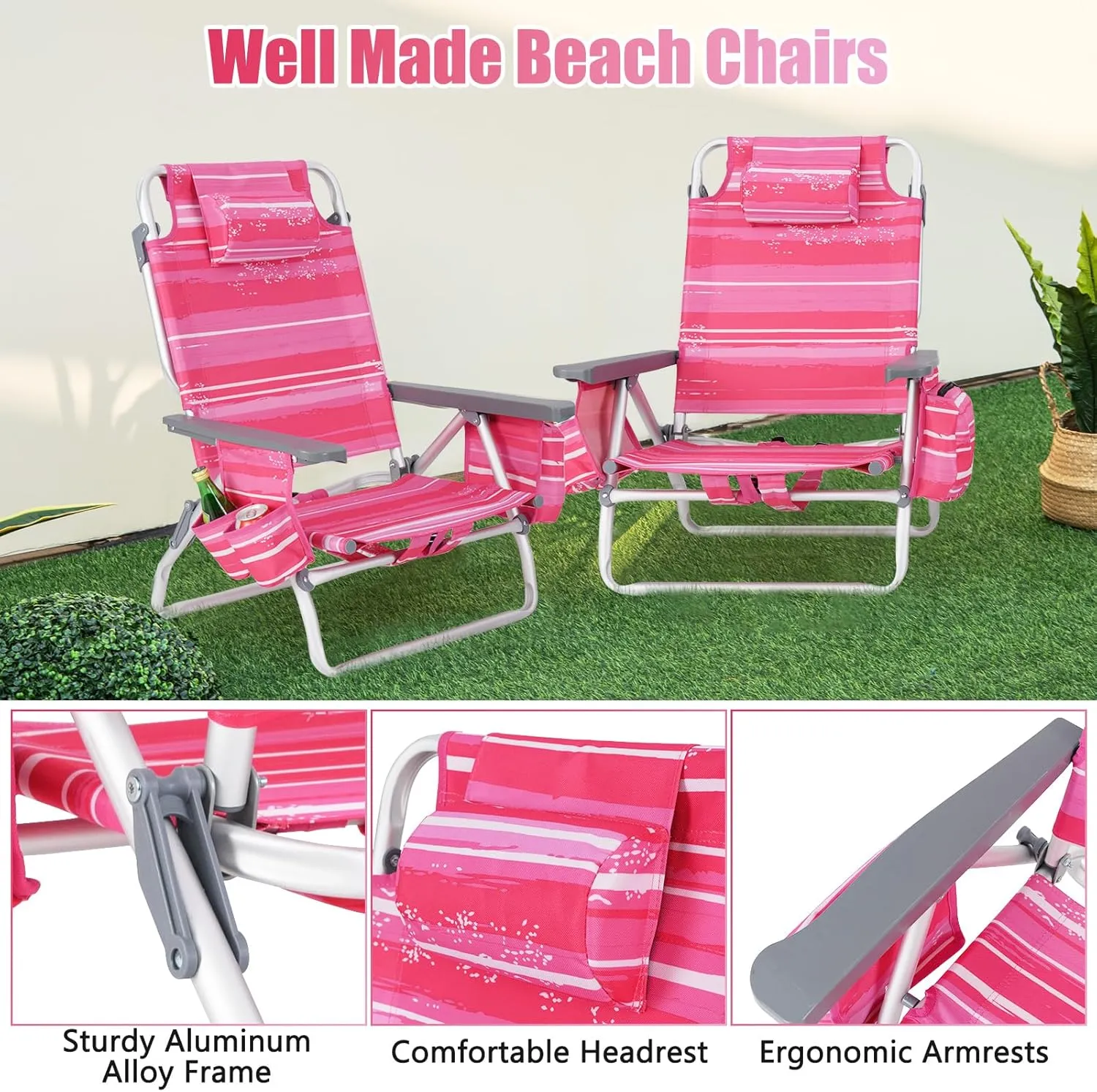 2-Pack Folding Beach Chairs, Outdoor Patio Lawn Lounger with 5 Adjustable Position, Cooler Pouch, Headrest & Accessories, Portable Camping Chairs for Outdoor Relaxation (1, Pink Stripe)