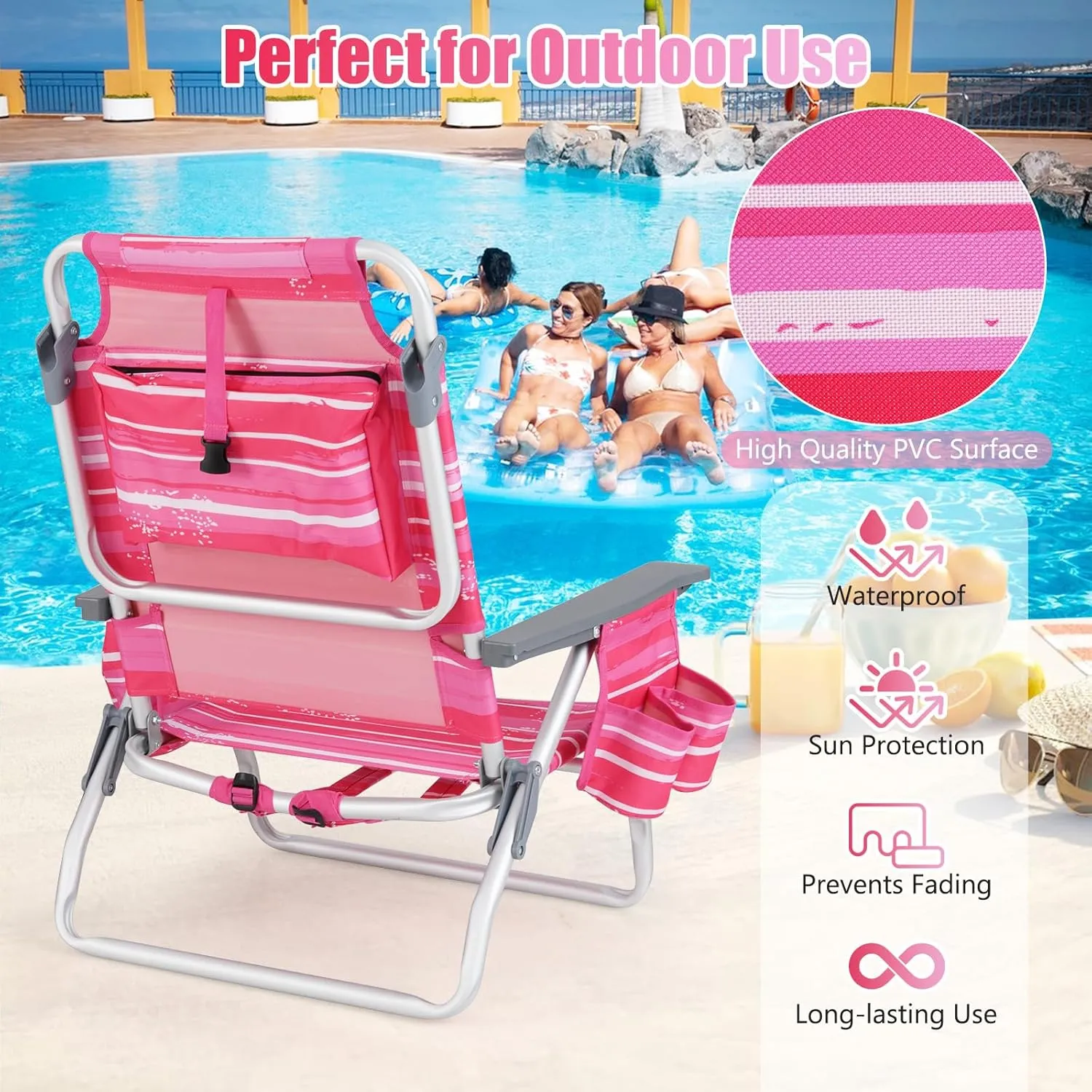 2-Pack Folding Beach Chairs, Outdoor Patio Lawn Lounger with 5 Adjustable Position, Cooler Pouch, Headrest & Accessories, Portable Camping Chairs for Outdoor Relaxation (1, Pink Stripe)