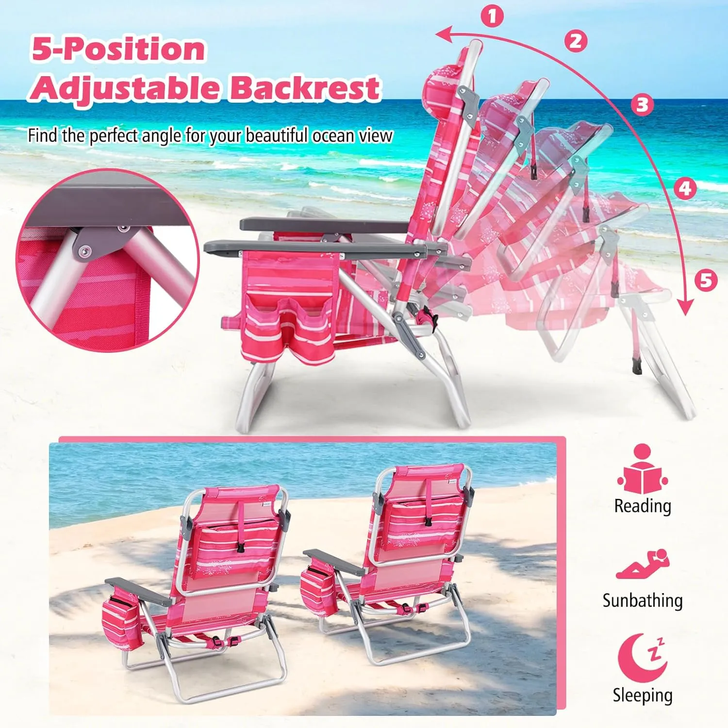 2-Pack Folding Beach Chairs, Outdoor Patio Lawn Lounger with 5 Adjustable Position, Cooler Pouch, Headrest & Accessories, Portable Camping Chairs for Outdoor Relaxation (1, Pink Stripe)
