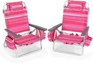 2-Pack Folding Beach Chairs, Outdoor Patio Lawn Lounger with 5 Adjustable Position, Cooler Pouch, Headrest & Accessories, Portable Camping Chairs for Outdoor Relaxation (1, Pink Stripe)