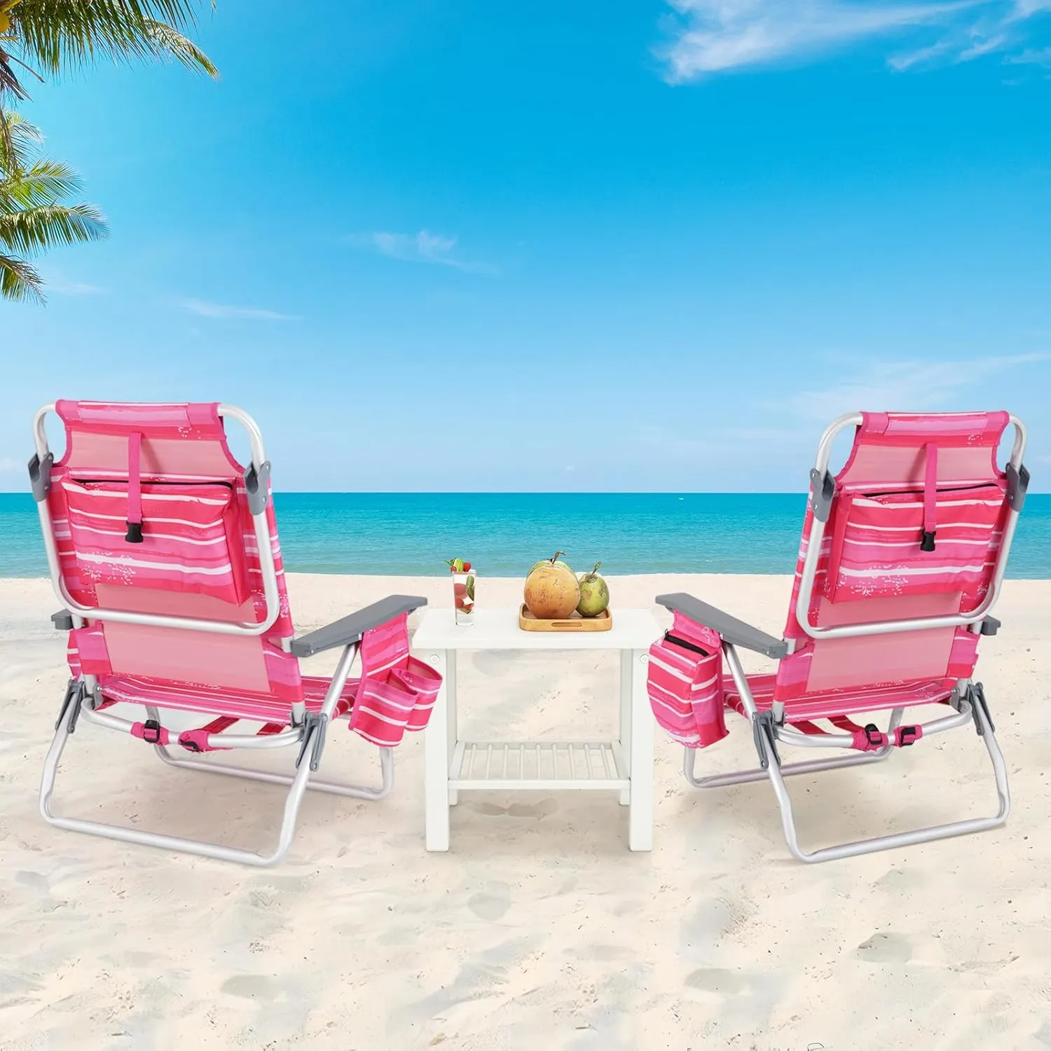 2-Pack Folding Beach Chairs, Outdoor Patio Lawn Lounger with 5 Adjustable Position, Cooler Pouch, Headrest & Accessories, Portable Camping Chairs for Outdoor Relaxation (1, Pink Stripe)