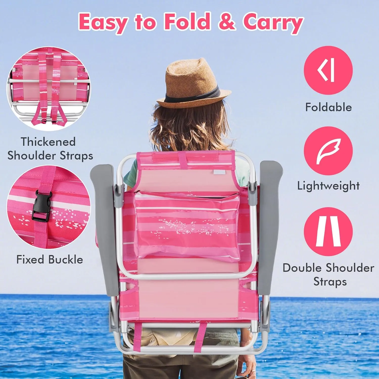 2-Pack Folding Beach Chairs, Outdoor Patio Lawn Lounger with 5 Adjustable Position, Cooler Pouch, Headrest & Accessories, Portable Camping Chairs for Outdoor Relaxation (1, Pink Stripe)