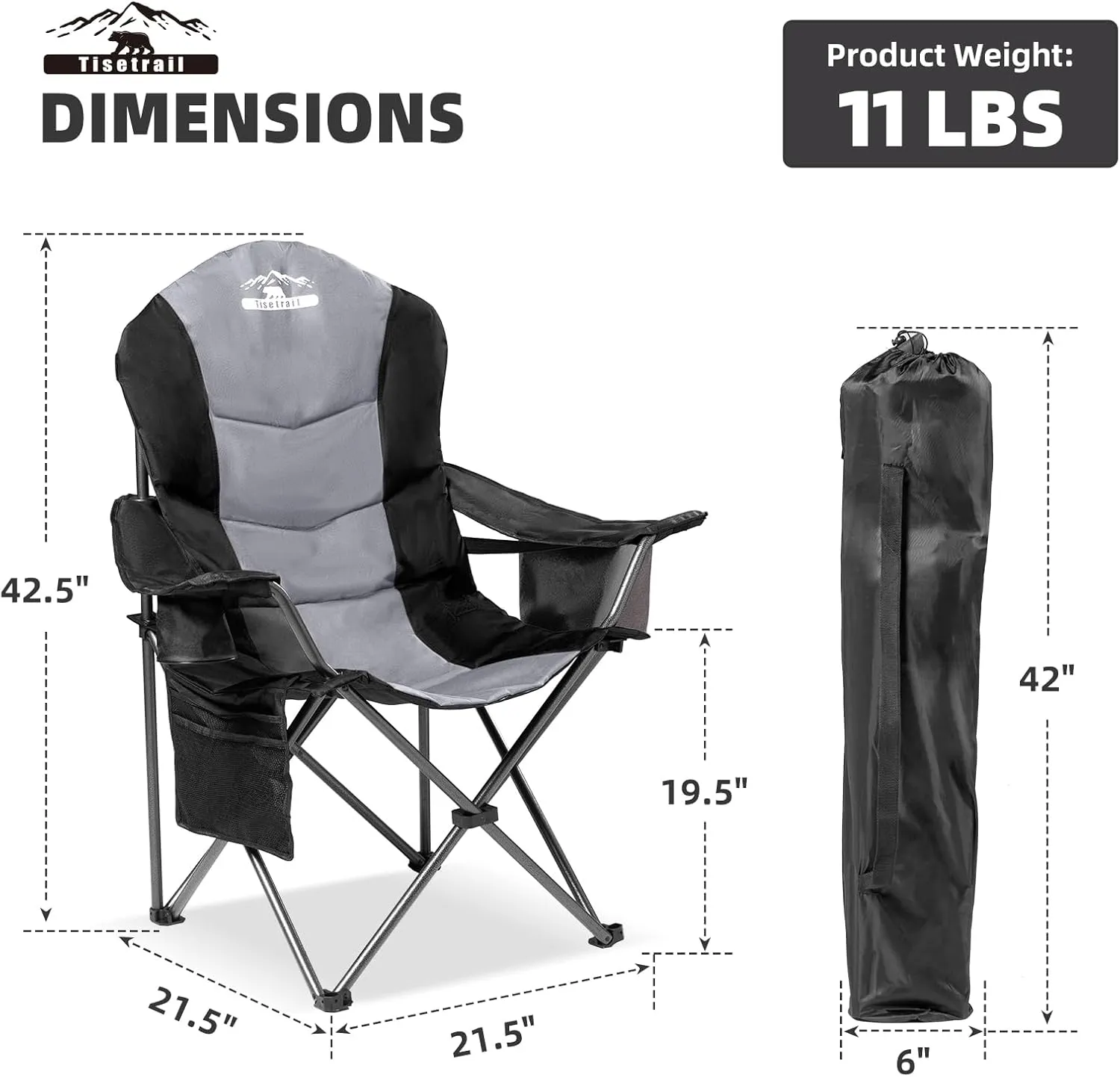 2 Pack Folding Camping Chairs Set of 2 for Adults High Back Padded Lawn Chairs Portable Outdoor Camp Chairs, 400lbs Capacity, Black & Gray