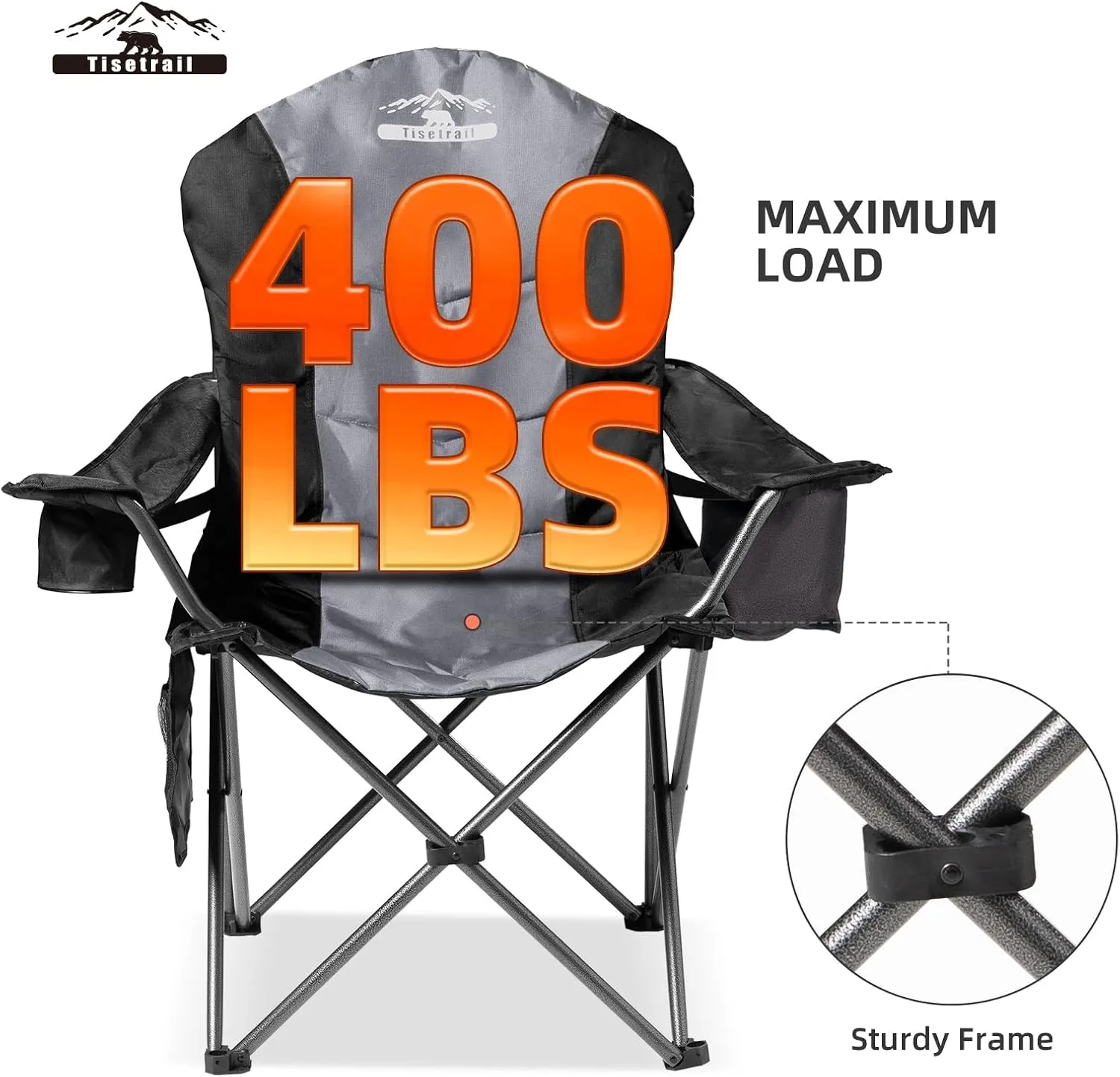 2 Pack Folding Camping Chairs Set of 2 for Adults High Back Padded Lawn Chairs Portable Outdoor Camp Chairs, 400lbs Capacity, Black & Gray